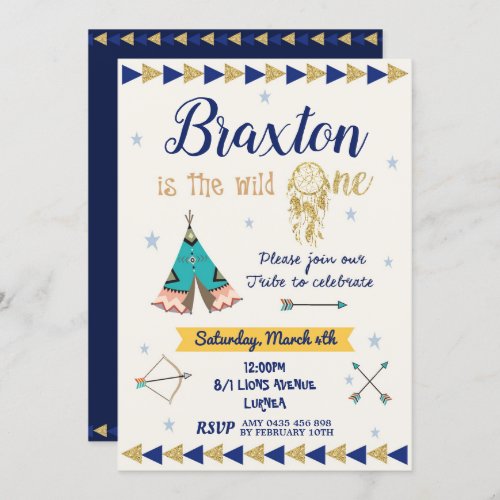 Wild One 1st Birthday Party Boy Tribal Navy Gold Invitation