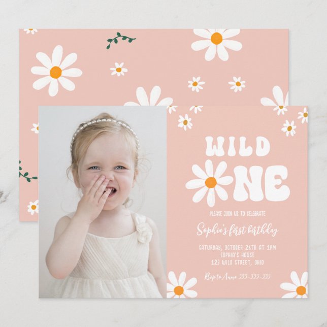 Wild One 1st Birthday Party Daisy Boho Photo Invitation (Front/Back)