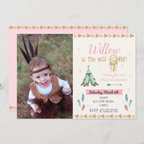 Wild One 1st Birthday Party Girl Tribal Pink Gold Invitation