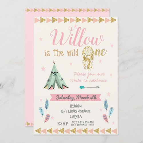 Wild One 1st Birthday Party Girl Tribal Pink Gold Invitation