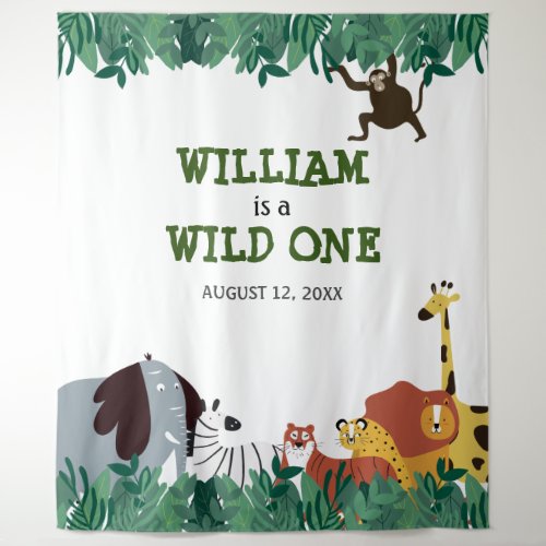 Wild One 1st Birthday Party Jungle Photo Backdrop - Wild One Jungle Safari Photo First Birthday party photo backdrop featuring cute wild animals. Designed by Thisisnotme©