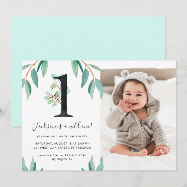 Wild One 1st Birthday Party Photo Blue Back Invitation (Front/Back)