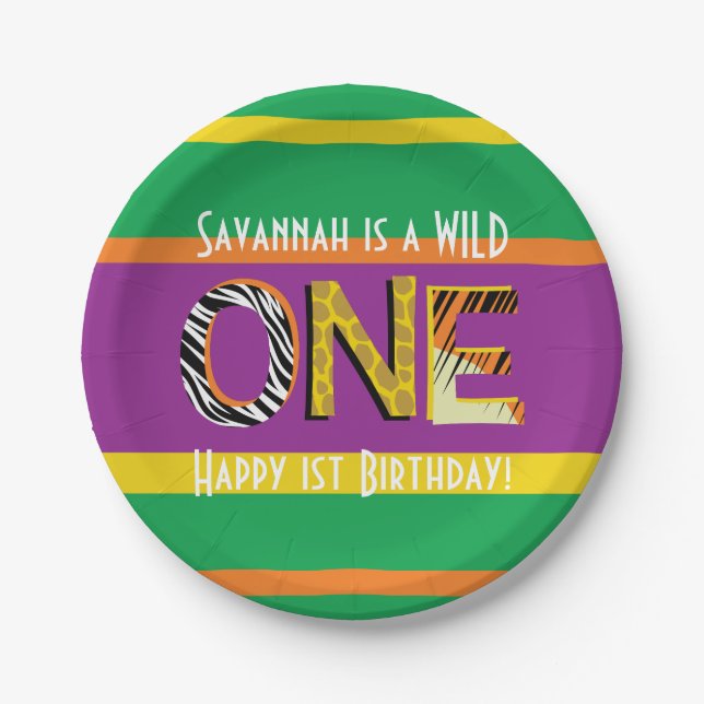 Wild One 1st Birthday Party Safari Paper Plates (Front)