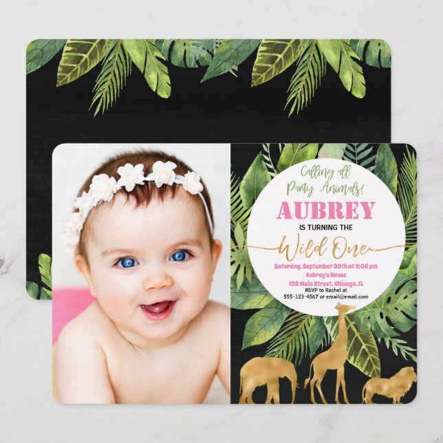 Wild one 1st birthday photo invitation safari (Front/Back)