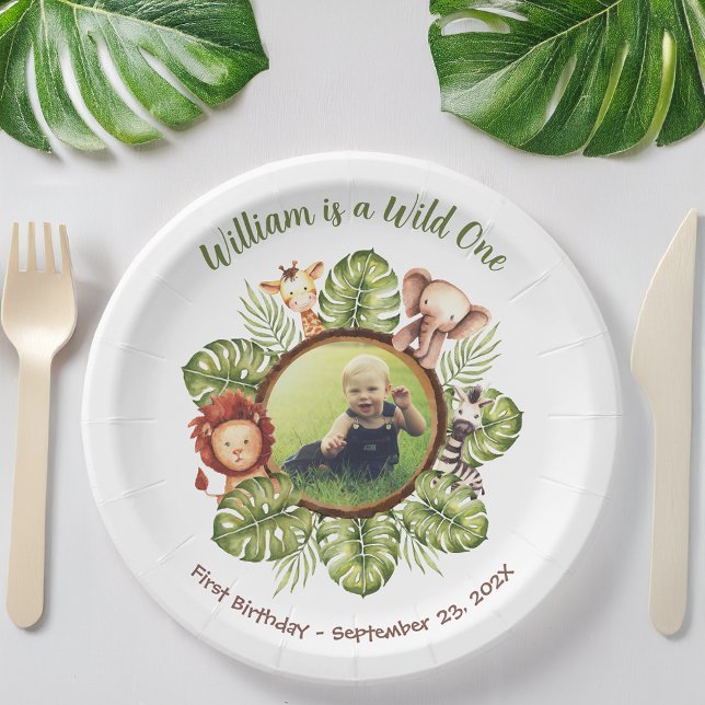 Wild One 1st Birthday Photo Safari Animals Leaves Paper Plates (Creator Uploaded)
