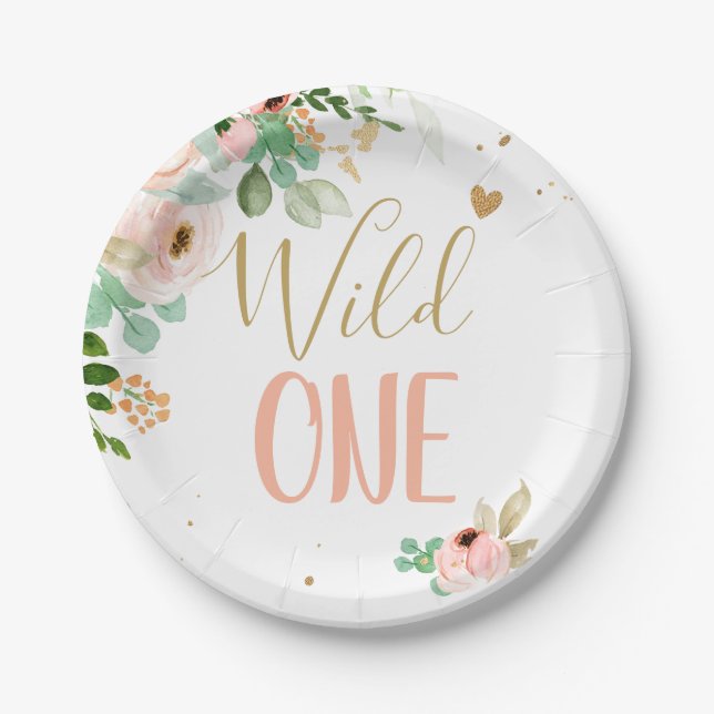 Wild One 1st Birthday Pink Gold Girl Flowers Paper Plates (Front)