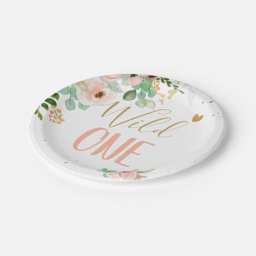 Wild One 1st Birthday Pink Gold Girl Flowers Paper Plates | Zazzle