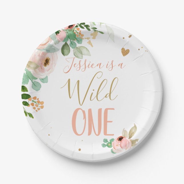 Wild One 1st Birthday Pink Gold Girl Flowers Paper Plates (Front)