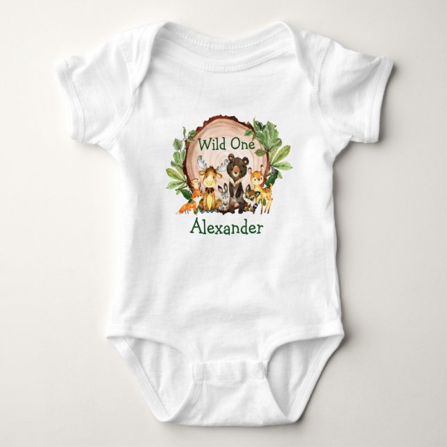 Wild One 1st Birthday Rustic Forest Animals Baby Bodysuit (Front)