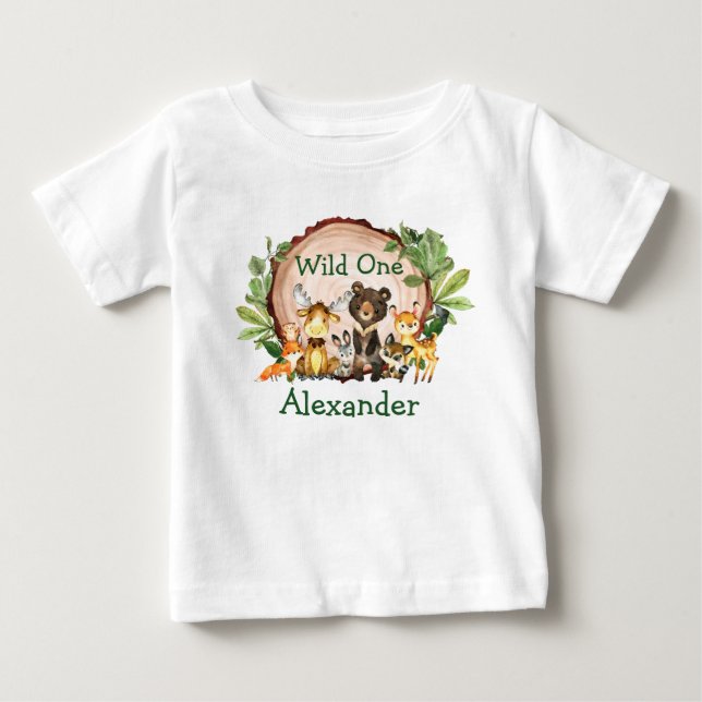 Wild One 1st Birthday Rustic Forest Animals Baby T-Shirt (Front)