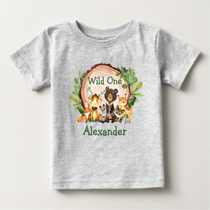 Wild One 1st Birthday Rustic Forest Animals Gray Baby T-Shirt