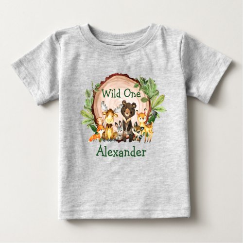 Wild One 1st Birthday Rustic Forest Animals Gray Baby T_Shirt