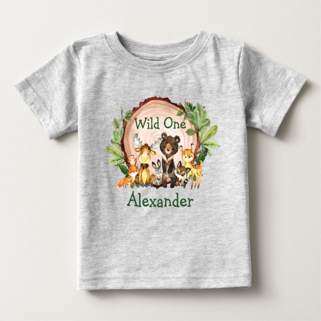 Wild One 1st Birthday Rustic Forest Animals Gray Baby T-Shirt (Front)