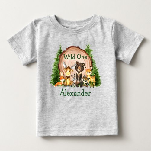 Wild One 1st Birthday Rustic Forest Animals Trees Baby T_Shirt