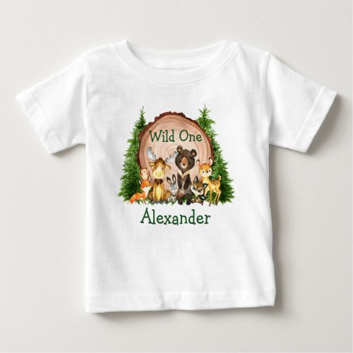 Wild One 1st Birthday Rustic Trees Forest Animals Baby T_Shirt