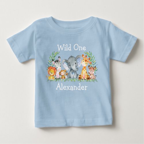 Wild One 1st Birthday Safari Animals Blue Baby T_Shirt