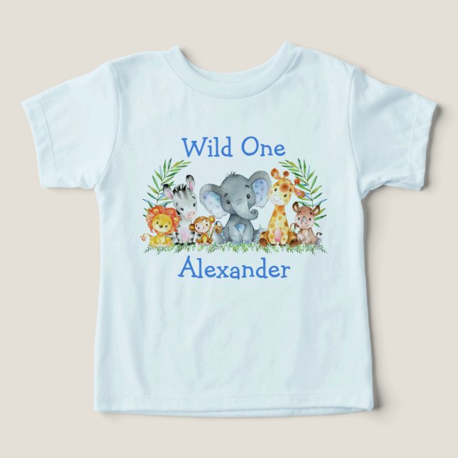Wild One 1st Birthday Safari Animals Blue Toddler T-shirt (Design Front)