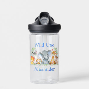 Wild One 1st Birthday Safari Animals Blue Water Bottle