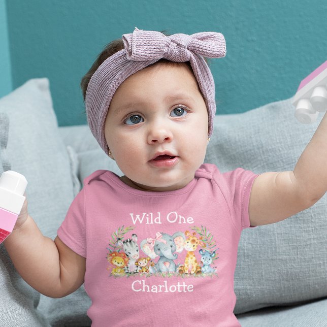 Wild One 1st Birthday Safari Animals Bow Pink Baby Bodysuit (Customize to change text size or text style.)