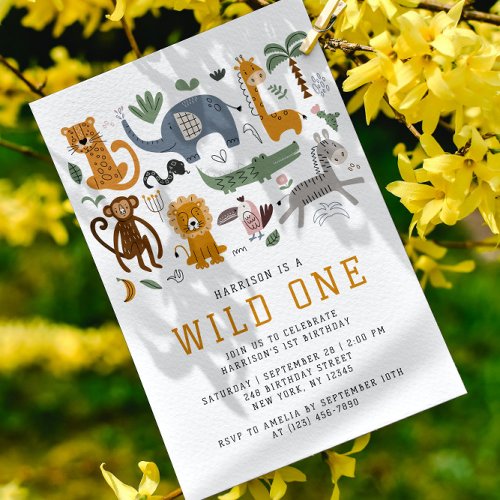 Wild One 1st Birthday Safari Animals Cute Kids Invitation