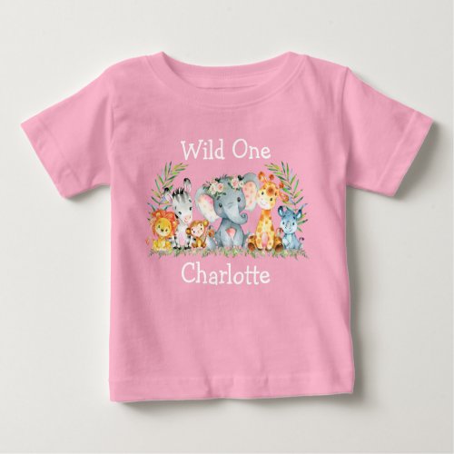 Wild One 1st Birthday Safari Animals Flowers Pink Baby T_Shirt