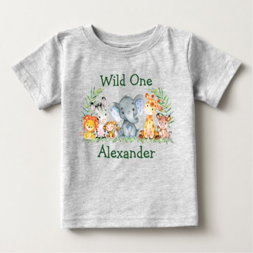 Wild One 1st Birthday Safari Animals Gray Baby T_Shirt