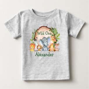 Wild One 1st Birthday Safari Animals Greenery Gray Baby T-Shirt