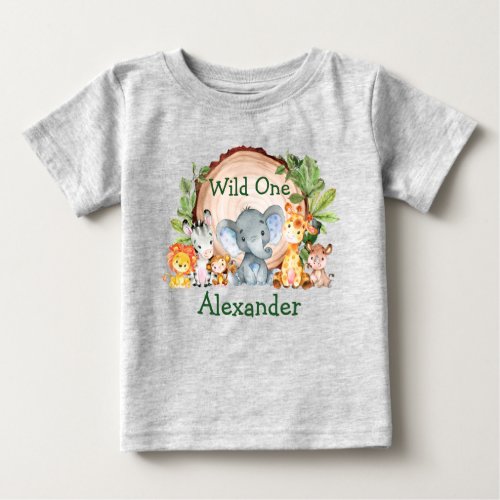 Wild One 1st Birthday Safari Animals Greenery Gray Baby T_Shirt
