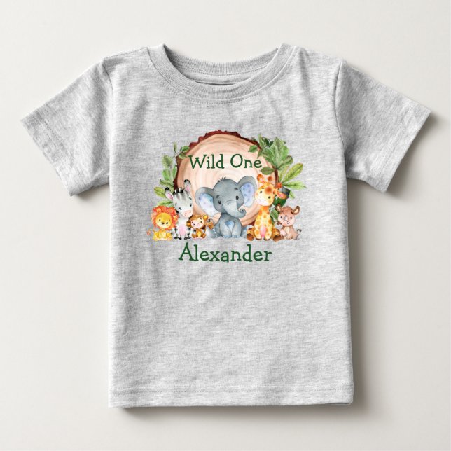 Wild One 1st Birthday Safari Animals Greenery Gray Baby T-Shirt (Front)
