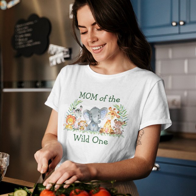 Wild One 1st Birthday Safari Animals Mom T-Shirt (Customize to change text color. Many sizes & styles to choose from.)
