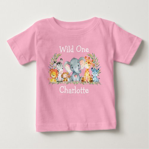 Wild One 1st Birthday Safari Animals Pink Baby T_Shirt