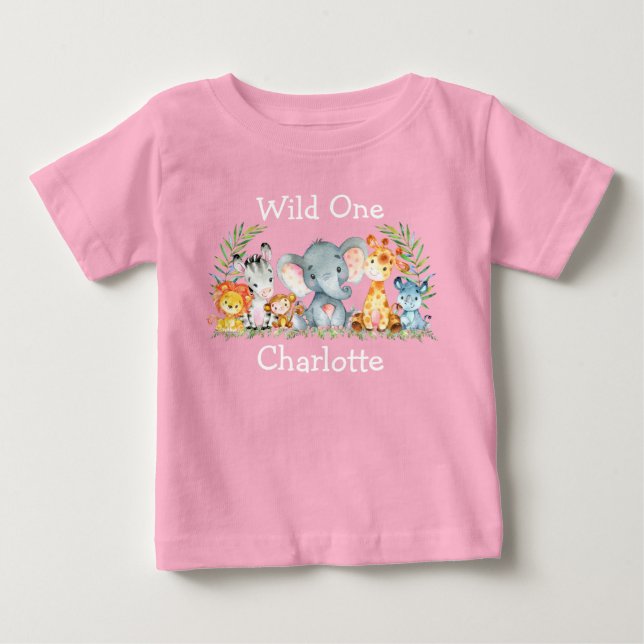 Wild One 1st Birthday Safari Animals Pink Baby T-Shirt (Front)