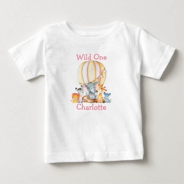 Wild One 1st Birthday Safari Animals Pink Balloon Baby T-Shirt (Front)