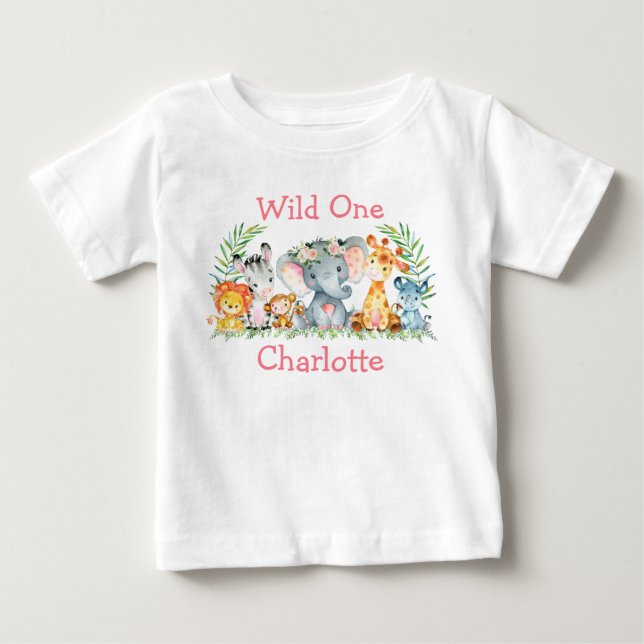 Wild One 1st Birthday Safari Animals Pink Flowers Baby T-Shirt (Front)