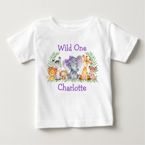 Wild One 1st Birthday Safari Animals Purple Bow Baby T_Shirt