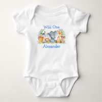 Wild One 1st Birthday Safari Animals White Blue