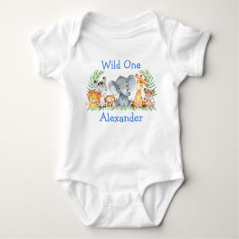 Wild One 1st Birthday Safari Animals White Blue Baby Bodysuit