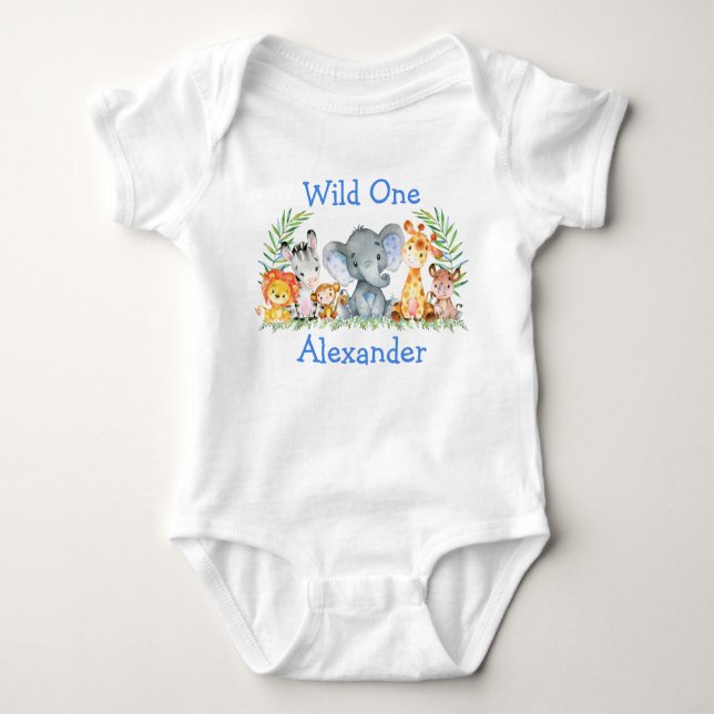 Wild One 1st Birthday Safari Animals White Blue Baby Bodysuit (Front)