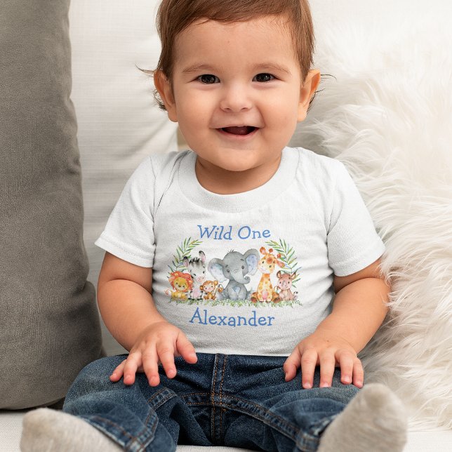 Wild One 1st Birthday Safari Animals White Blue Baby T-Shirt (Creator Uploaded)