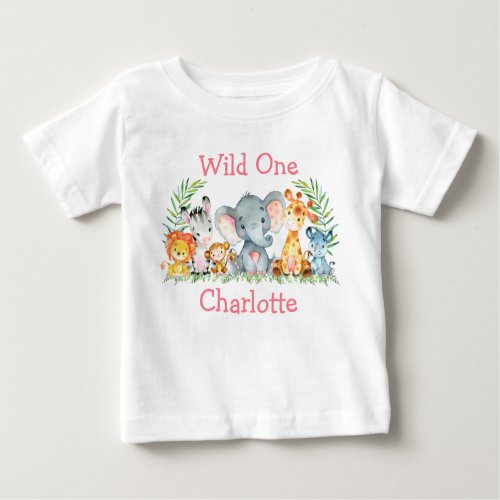 Wild One 1st Birthday Safari Animals White Pink Baby T_Shirt