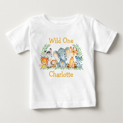 Wild One 1st Birthday Safari Animals Yellow Baby T_Shirt
