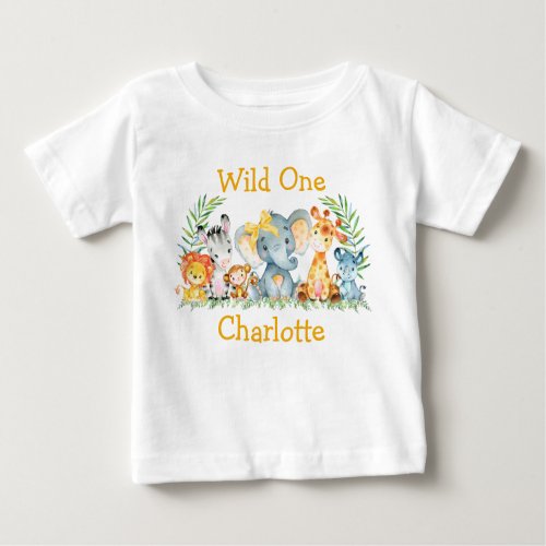 Wild One 1st Birthday Safari Animals Yellow Bow Baby T_Shirt