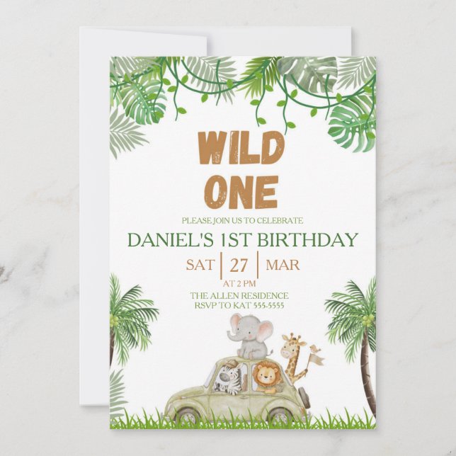 Wild One 1st Birthday Safari Jungle Invitation (Front)