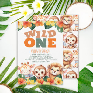 Wild One 1st Birthday Safari Lion Giraffe Monkey Invitation
