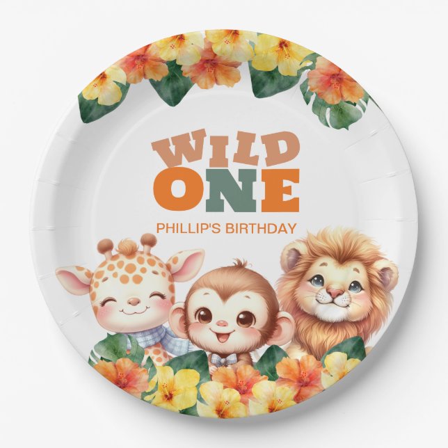 Wild One 1st Birthday Safari Lion Giraffe Monkey Paper Plates (Front)