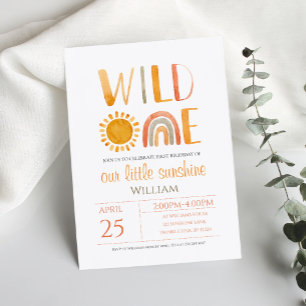 Wild One 1st Birthday Watercolor Rainbow and Sun Invitation