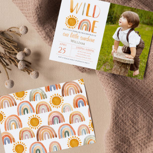 Wild One 1st Birthday Watercolor Rainbow and Sun Invitation