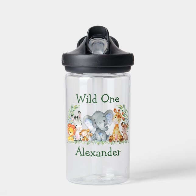 Wild One 1st Birthday Watercolor Safari Animals Water Bottle (Front)