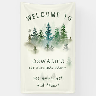 Wild One 1st Birthday Watercolor Woodland Animals Banner
