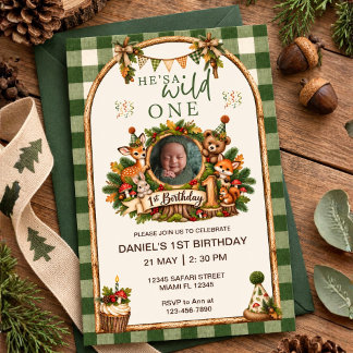 Wild One 1st Birthday Woodland Animal Custom Photo Invitation